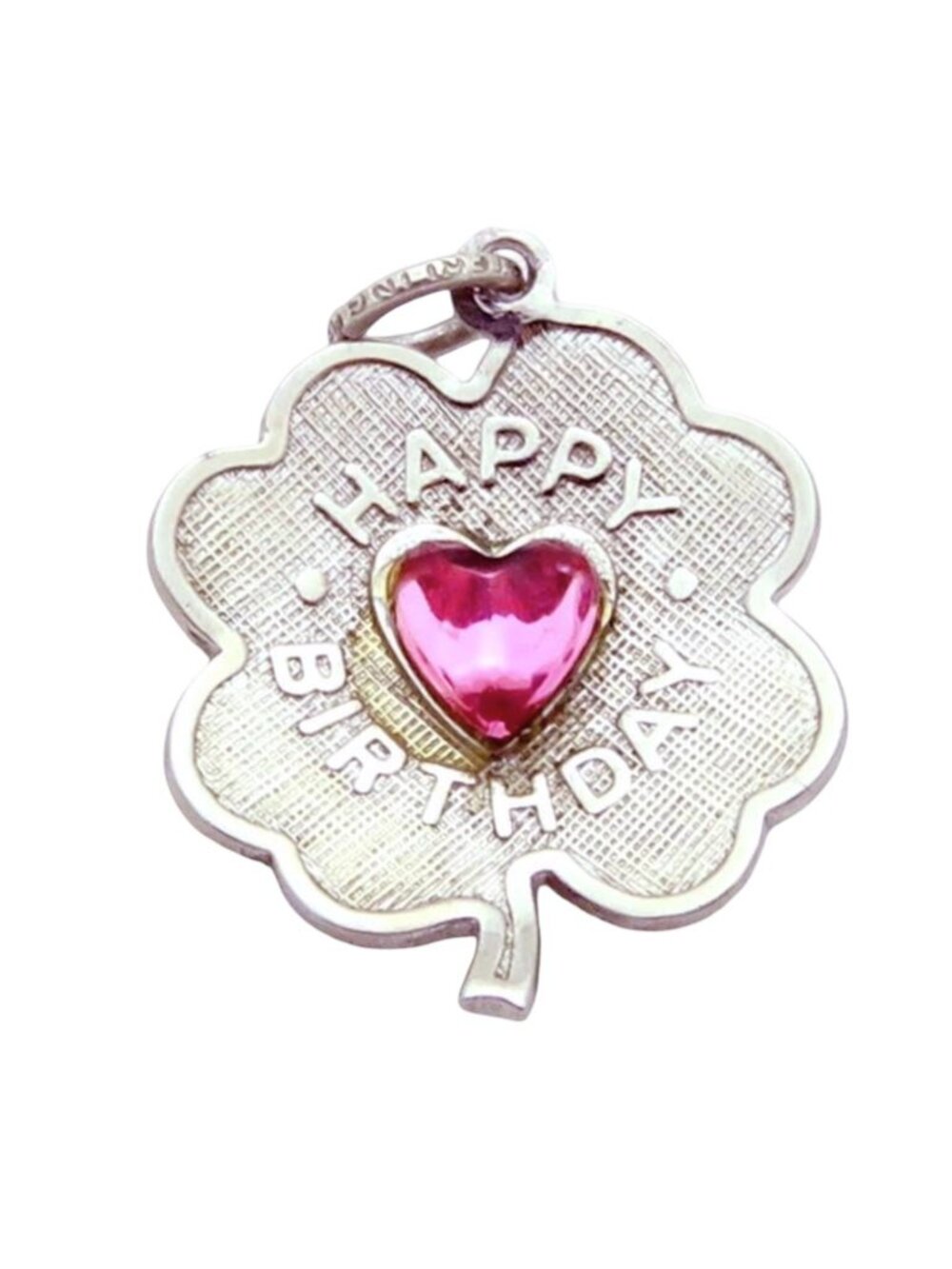 Vintage 1960s Sterling Silver Jeweled Happy Birthday 4 Leaf Clover Charm Pendant